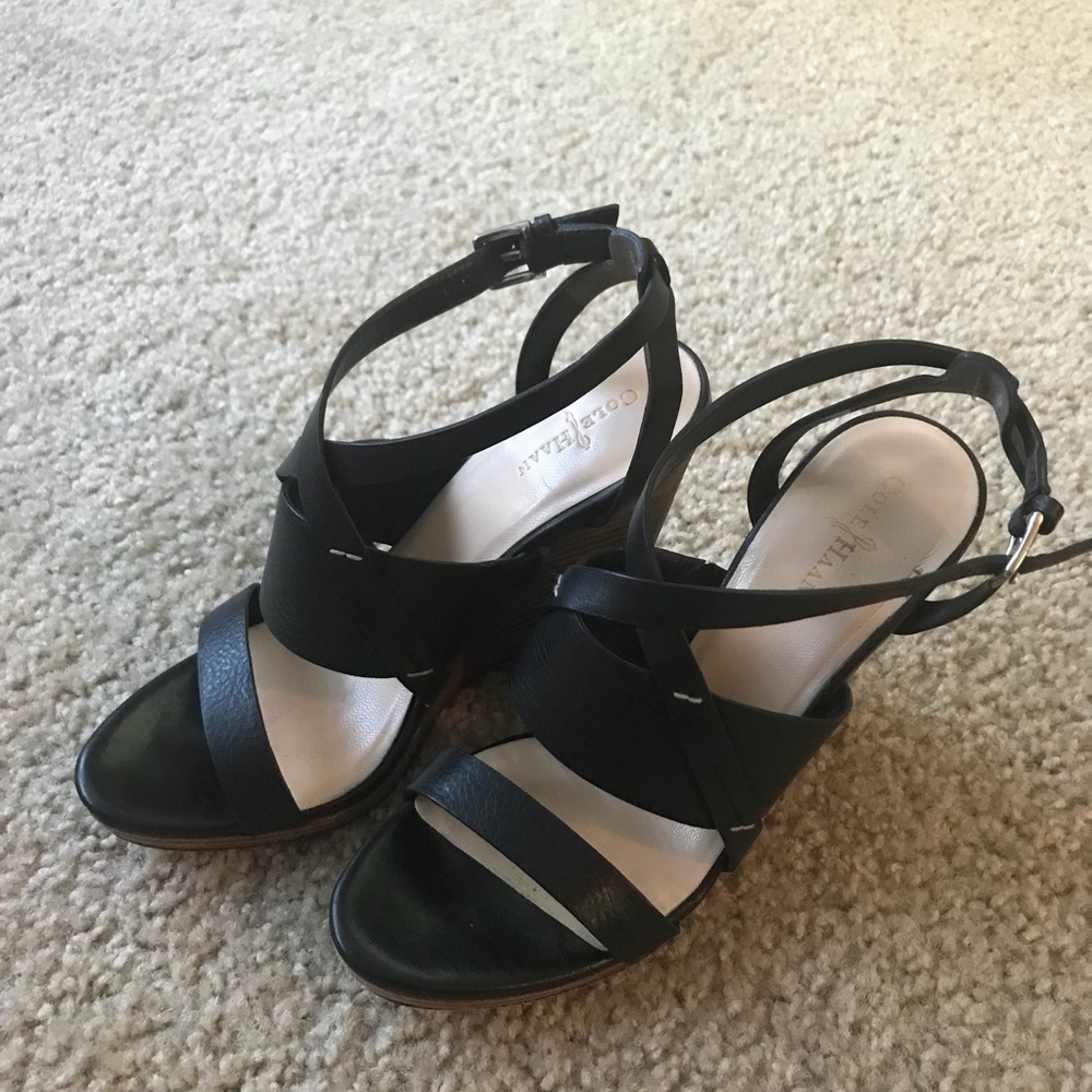 Cole Haan Black leather wooden wedge sandals.